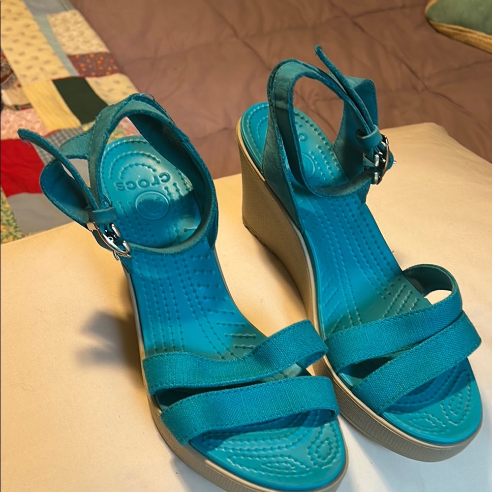 CROCS Aqua and Beige Wedge Sandals